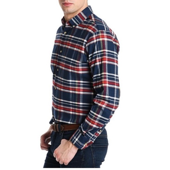 Mizzen + Main Dress Button Down Blue & Red Plaid Flannel Size Large Trim Fit - Picture 3 of 14